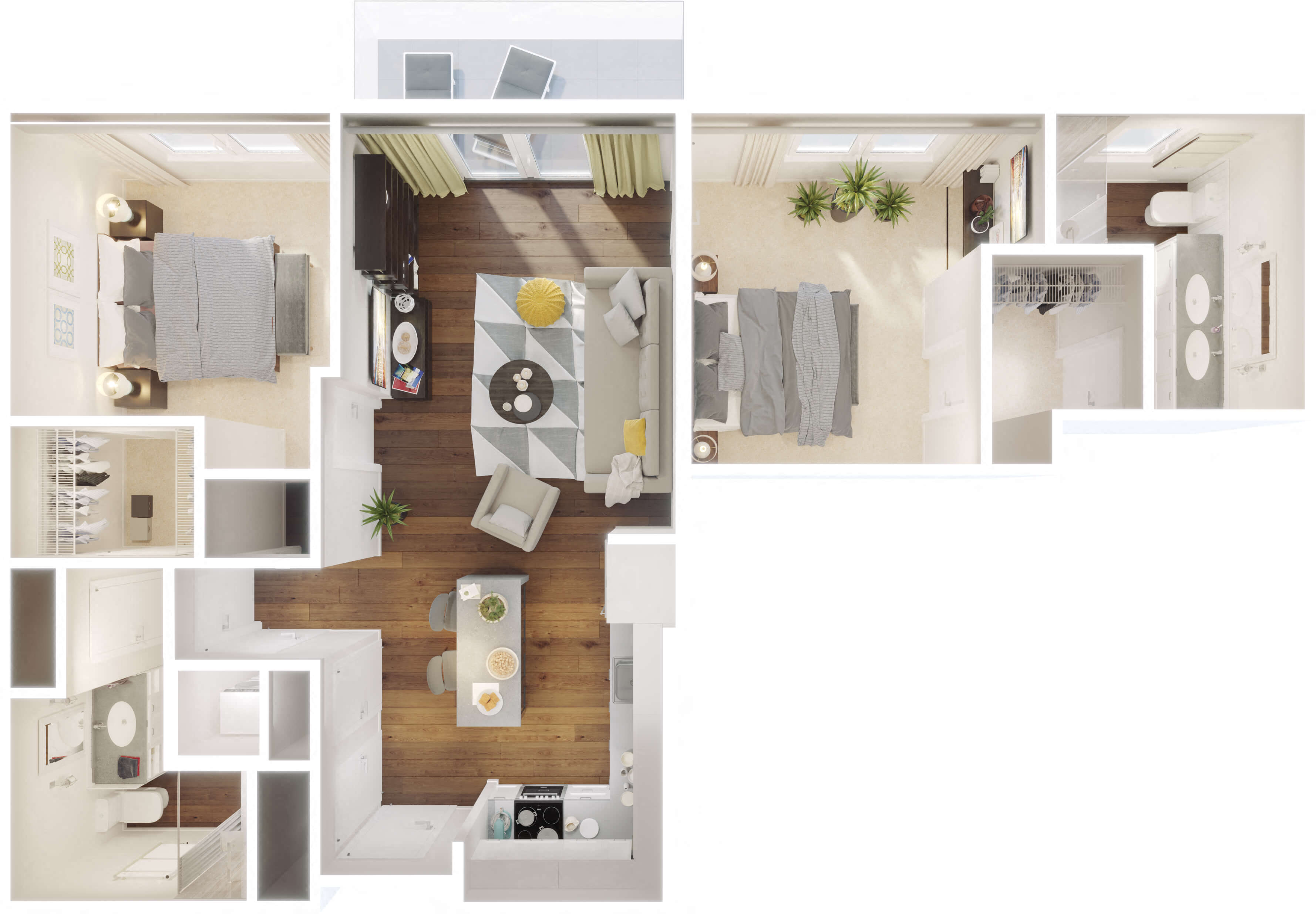 Floor plan for 2 beds, 2 baths, 1050 sqft
