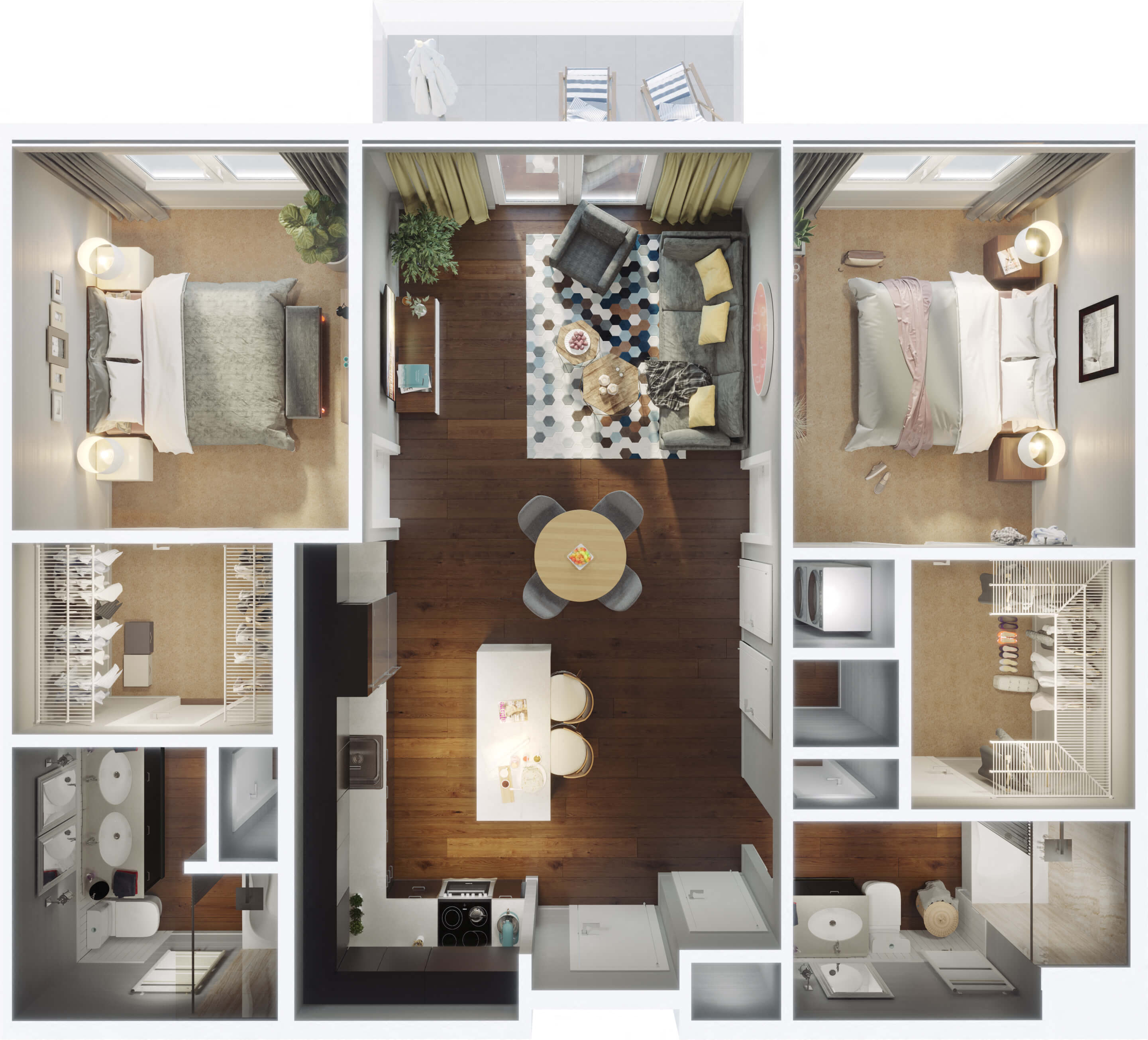 Floor plan for 2 beds, 2 baths, 1134 sqft