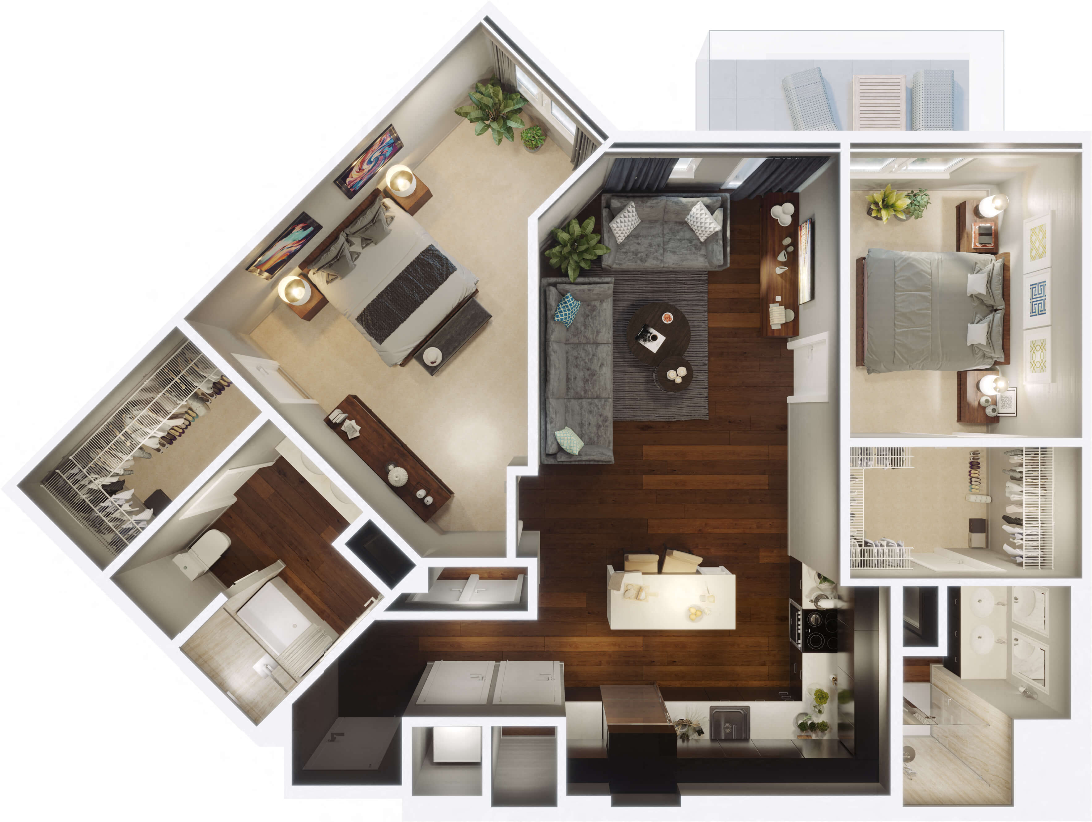 Floor plan for 2 beds, 2 baths, 1229 sqft