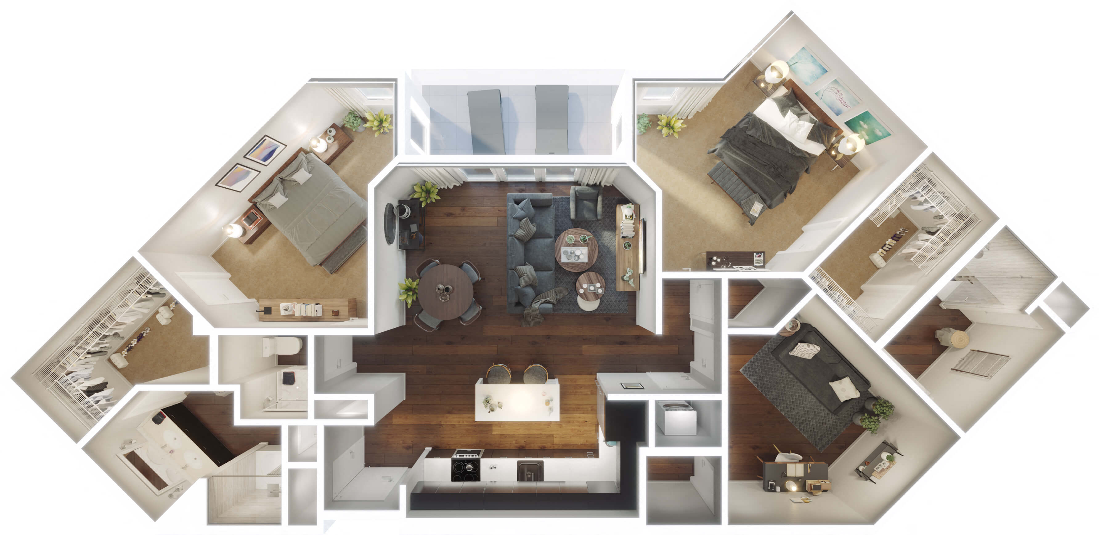 Floor plan for 2 beds, 2.5 baths, 1609 sqft
