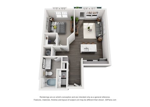 Floor plan for 1 bed, 1 bath, 669 sqft
