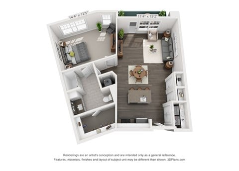 Floor plan for 1 bed, 1 bath, 902 sqft