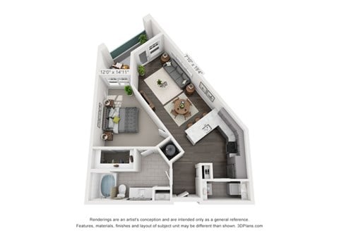 Floor plan for 1 bed, 1 bath, 747 sqft