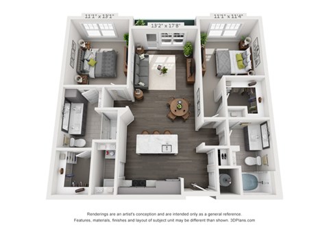 Floor plan for 2 beds, 2 baths, 1041 sqft