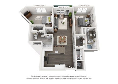 Floor plan for 2 beds, 2 baths, 1067 sqft