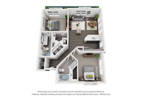 Floor plan for 2 beds, 2 baths, 1036 sqft