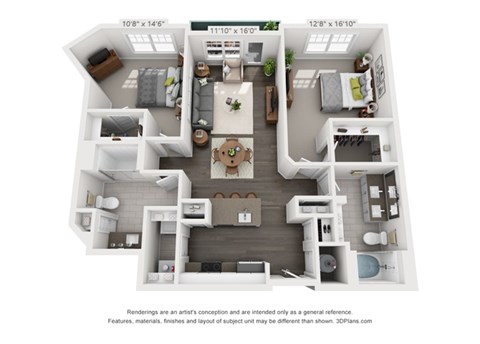 Floor plan for 2 beds, 2 baths, 1093 sqft