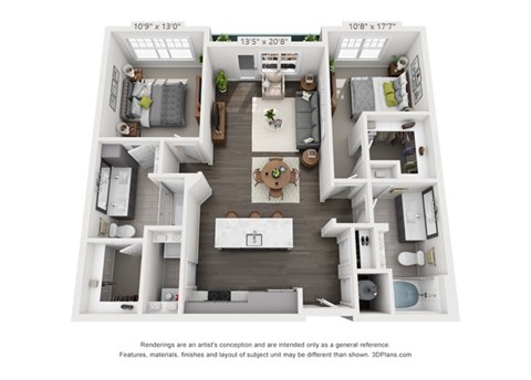 Floor plan for 2 beds, 2 baths, 1080 sqft