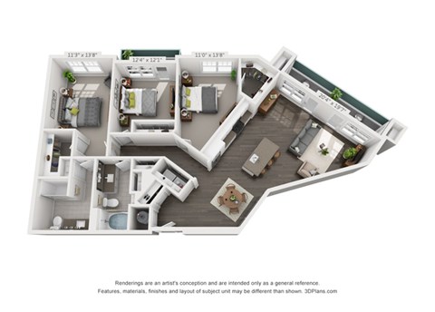 Floor plan for 3 beds, 2 baths, 1418 sqft