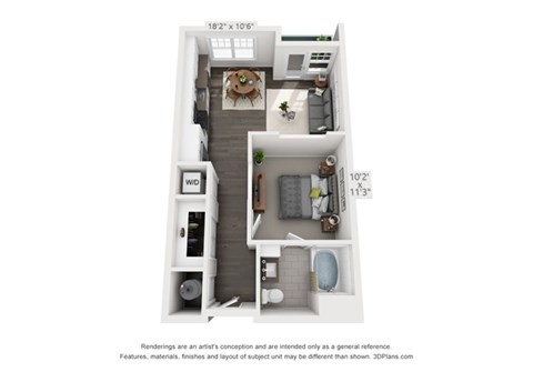 Floor plan for 1 bed, 1 bath, 554 sqft