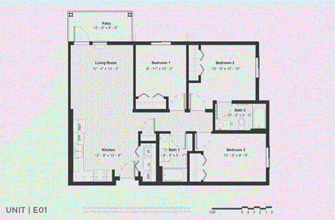 Floor plan for 3 beds, 2 baths, 1034 sqft