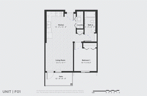 Floor plan for 1 bed, 1 bath, 622 sqft