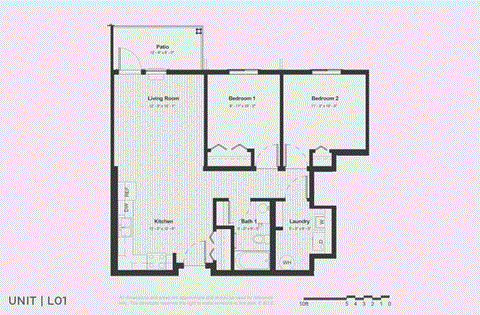 Floor plan for 2 beds, 1 bath, 819 sqft