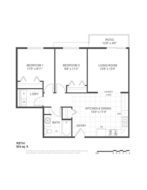 Floor plan for 2 beds, 1 bath, 904 sqft