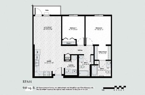 Floor plan for 2 beds, 2 baths, 965 sqft