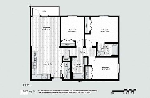 Floor plan for 3 beds, 2 baths, 1031 sqft
