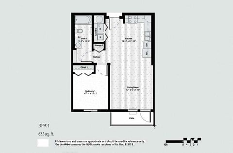Floor plan for 1 bed, 1 bath, 639 sqft