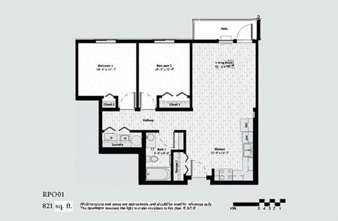 Floor plan for 2 beds, 1 bath, 834 sqft