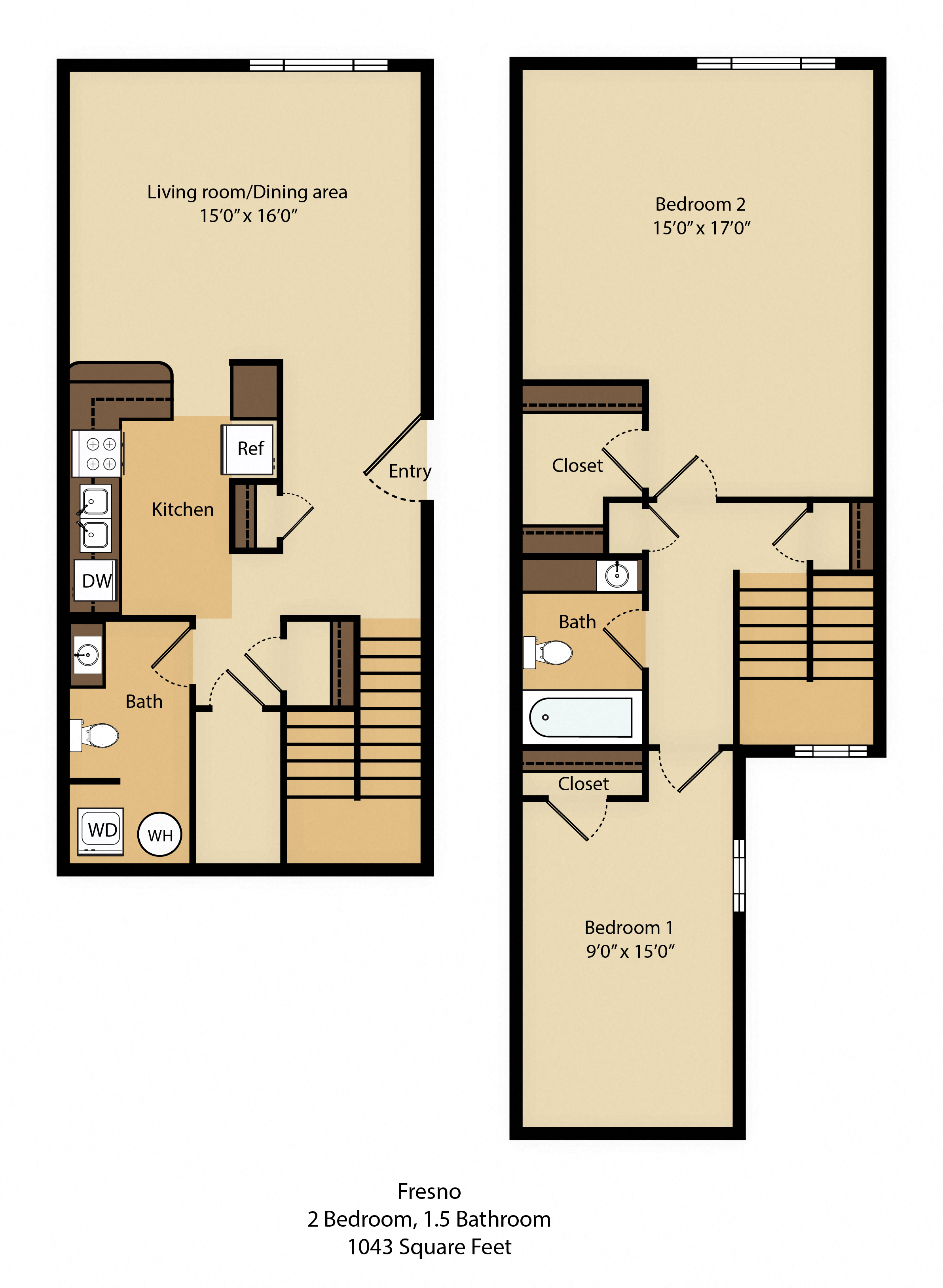 Floor plan for 2 beds, 1.5 baths, 1043 sqft