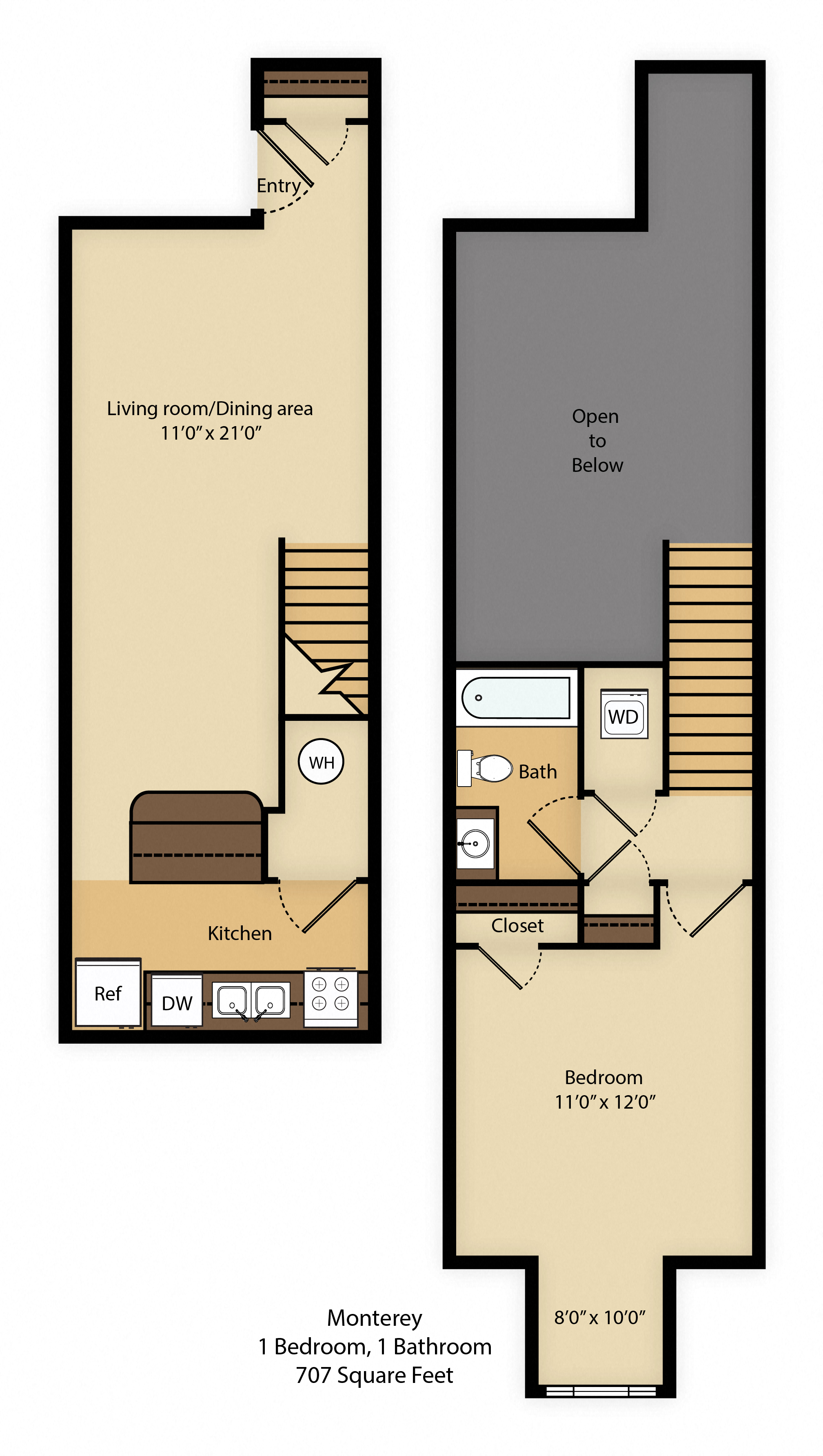 Floor plan for 1 bed, 1 bath, 707 sqft
