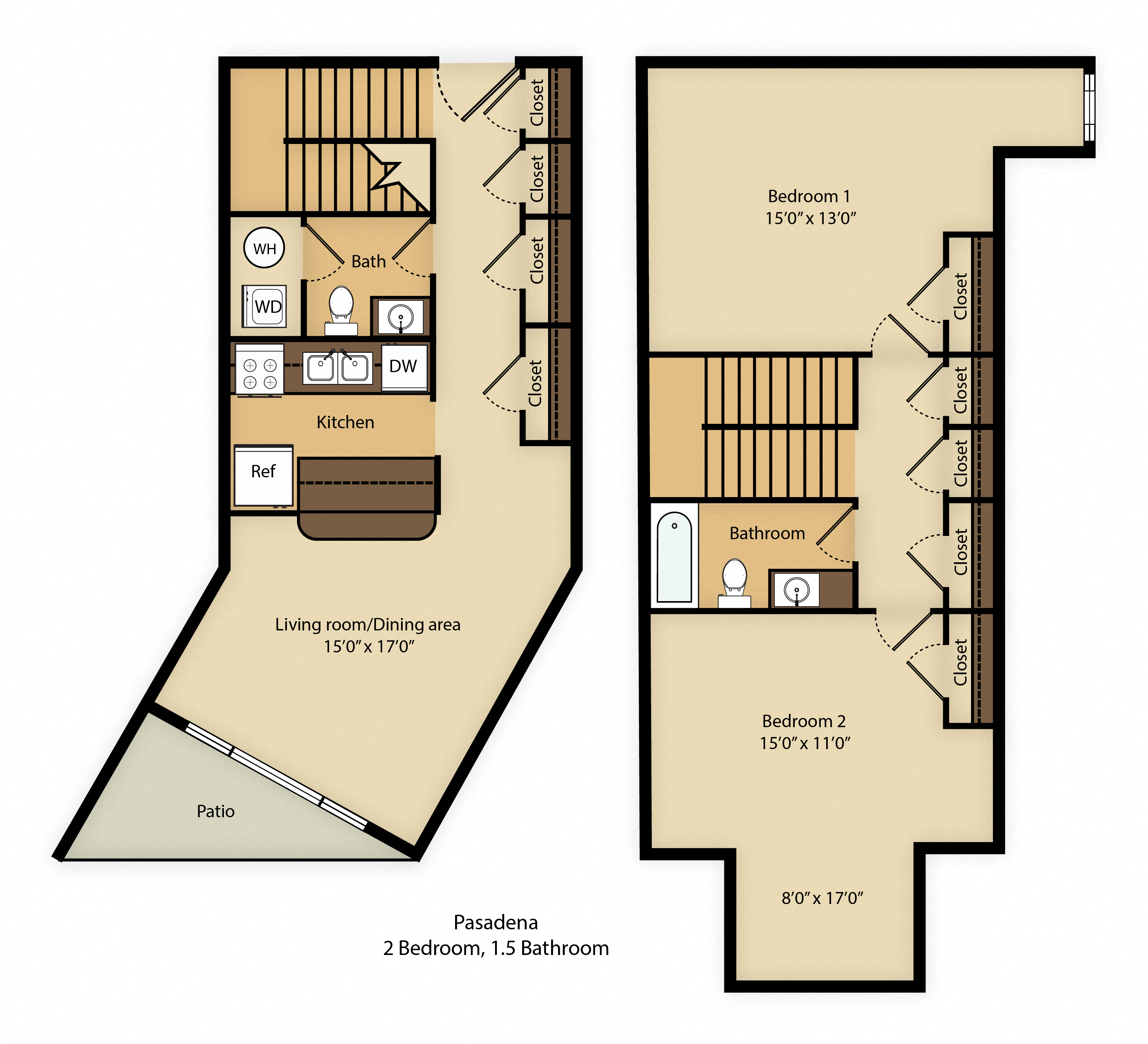 Floor plan for 2 beds, 1.5 baths, 1250 sqft