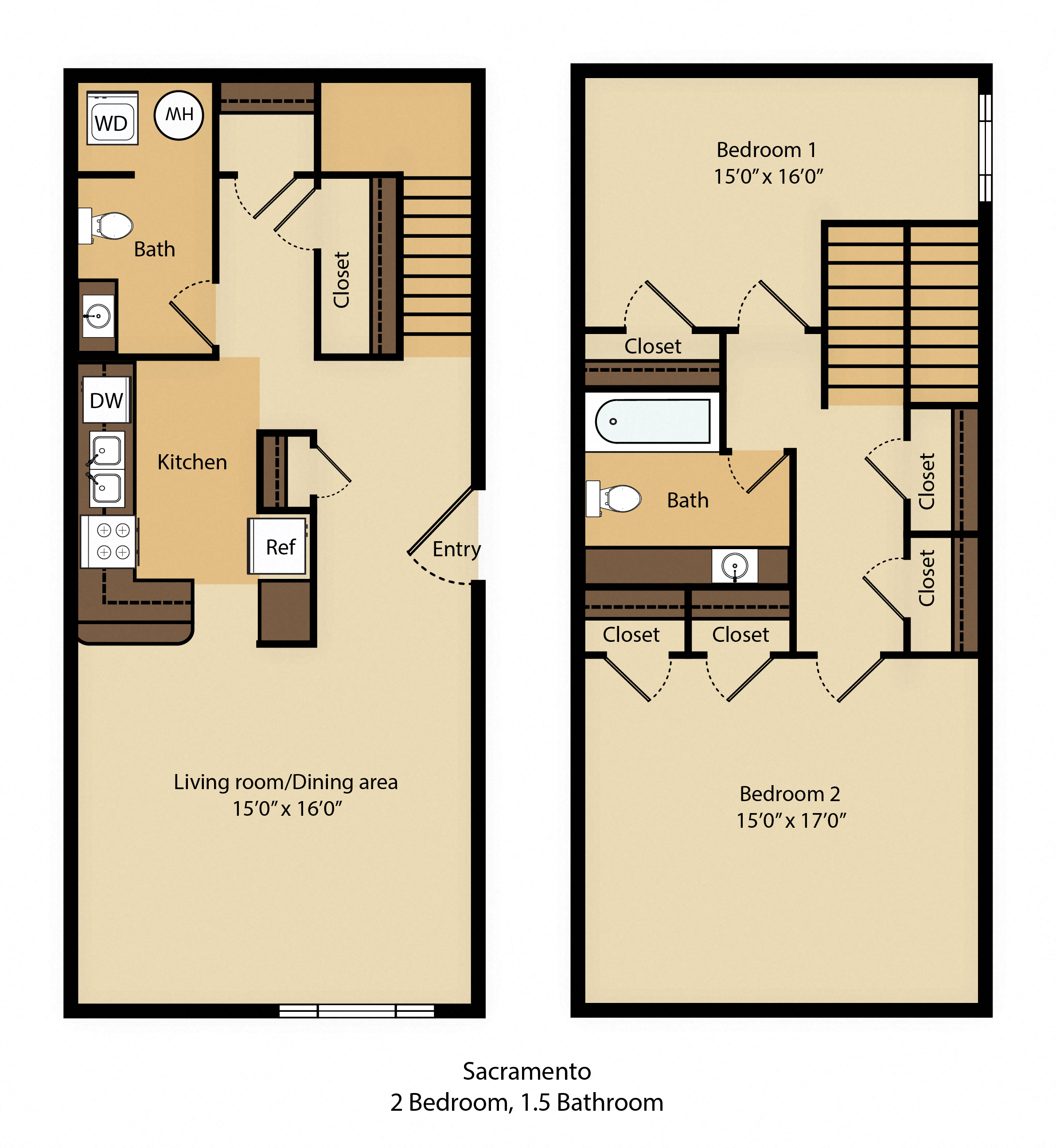 Floor plan for 2 beds, 1.5 baths, 1259 sqft