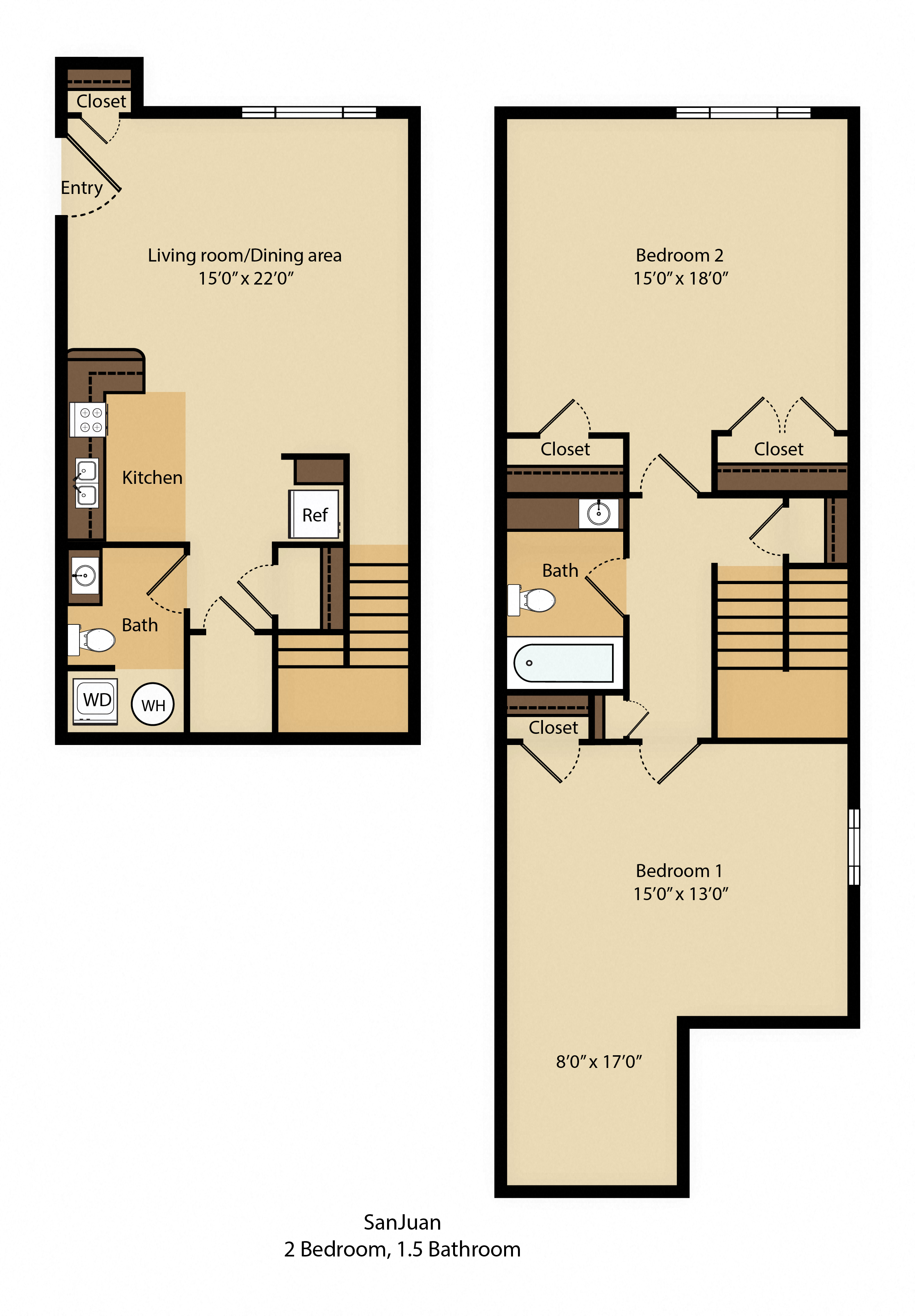 Floor plan for 2 beds, 1.5 baths, 1403 sqft