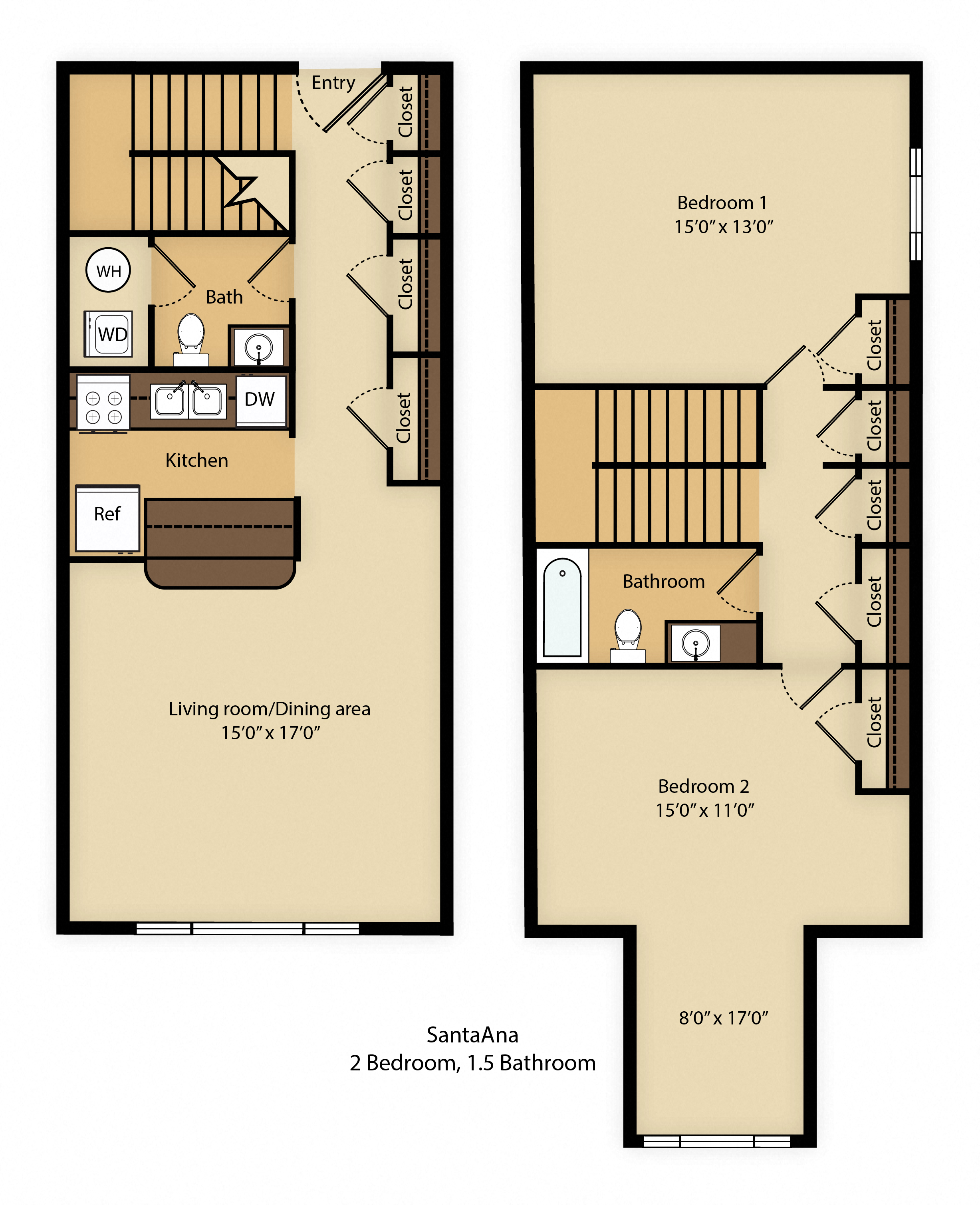 Floor plan for 2 beds, 1.5 baths, 1294 sqft