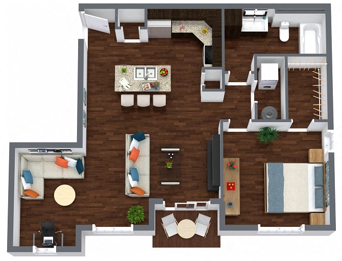 Floor plan for 1 bed, 1 bath, 823 sqft