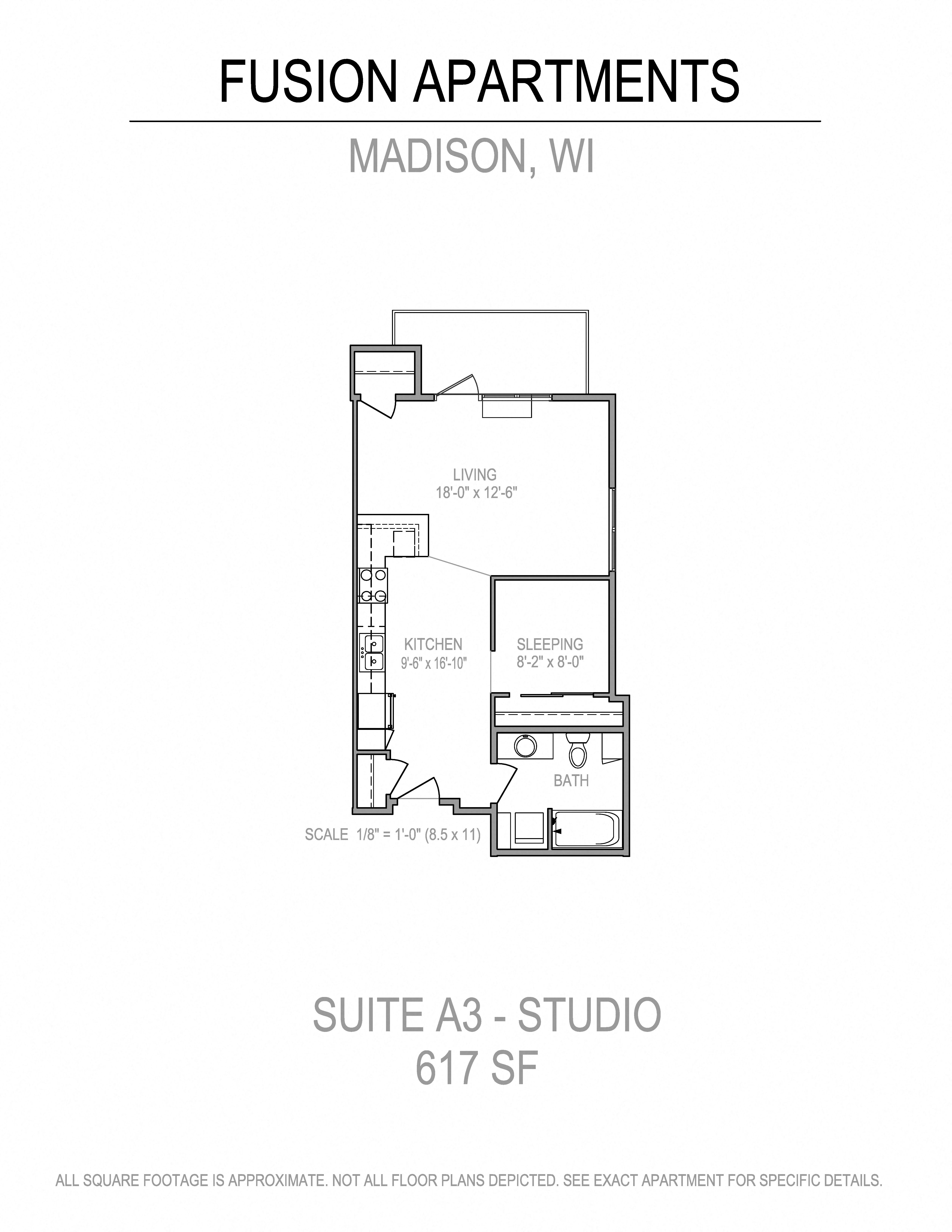 Floor plan for studio, 1 bath, 616 sqft
