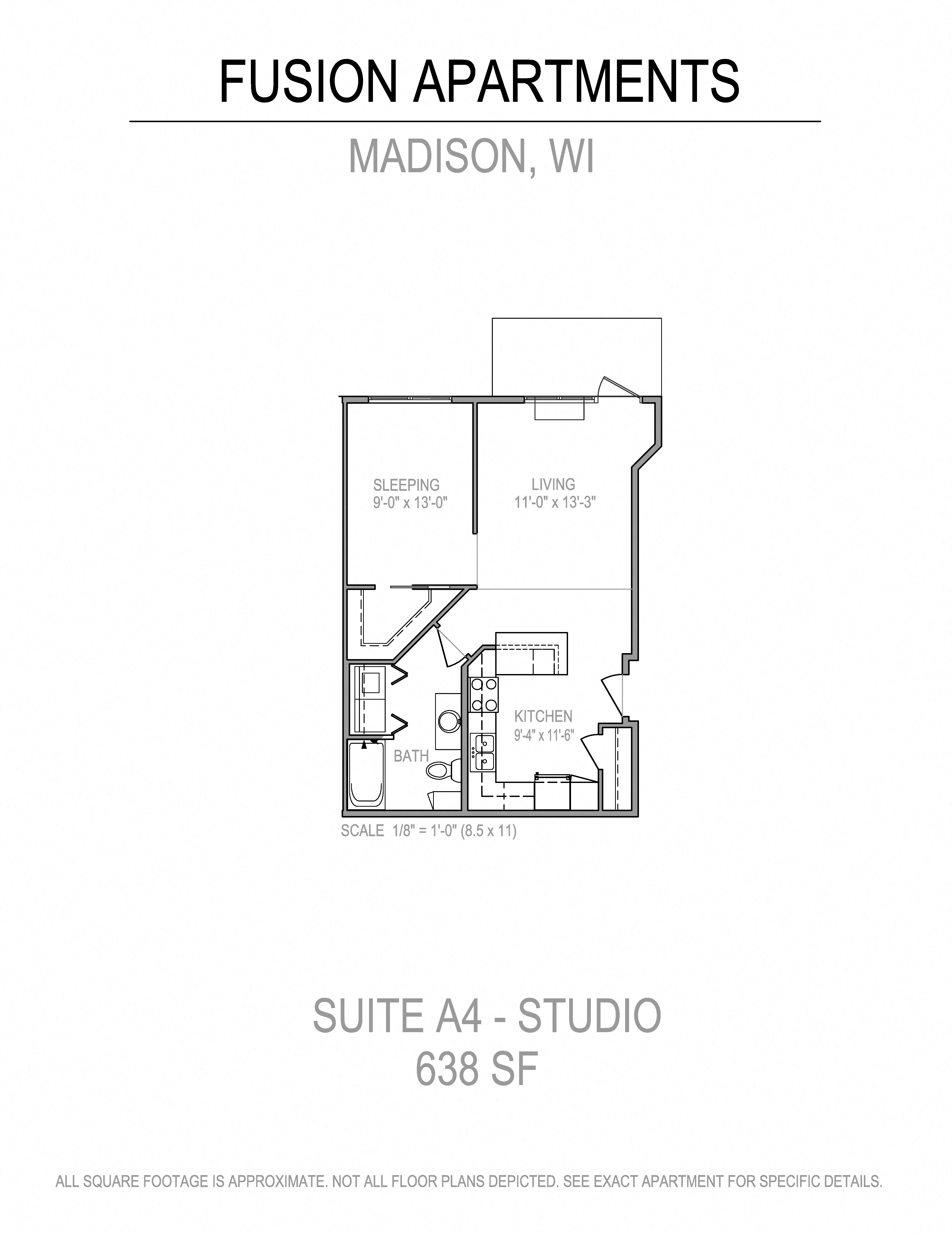 Floor plan for studio, 1 bath, 638 sqft