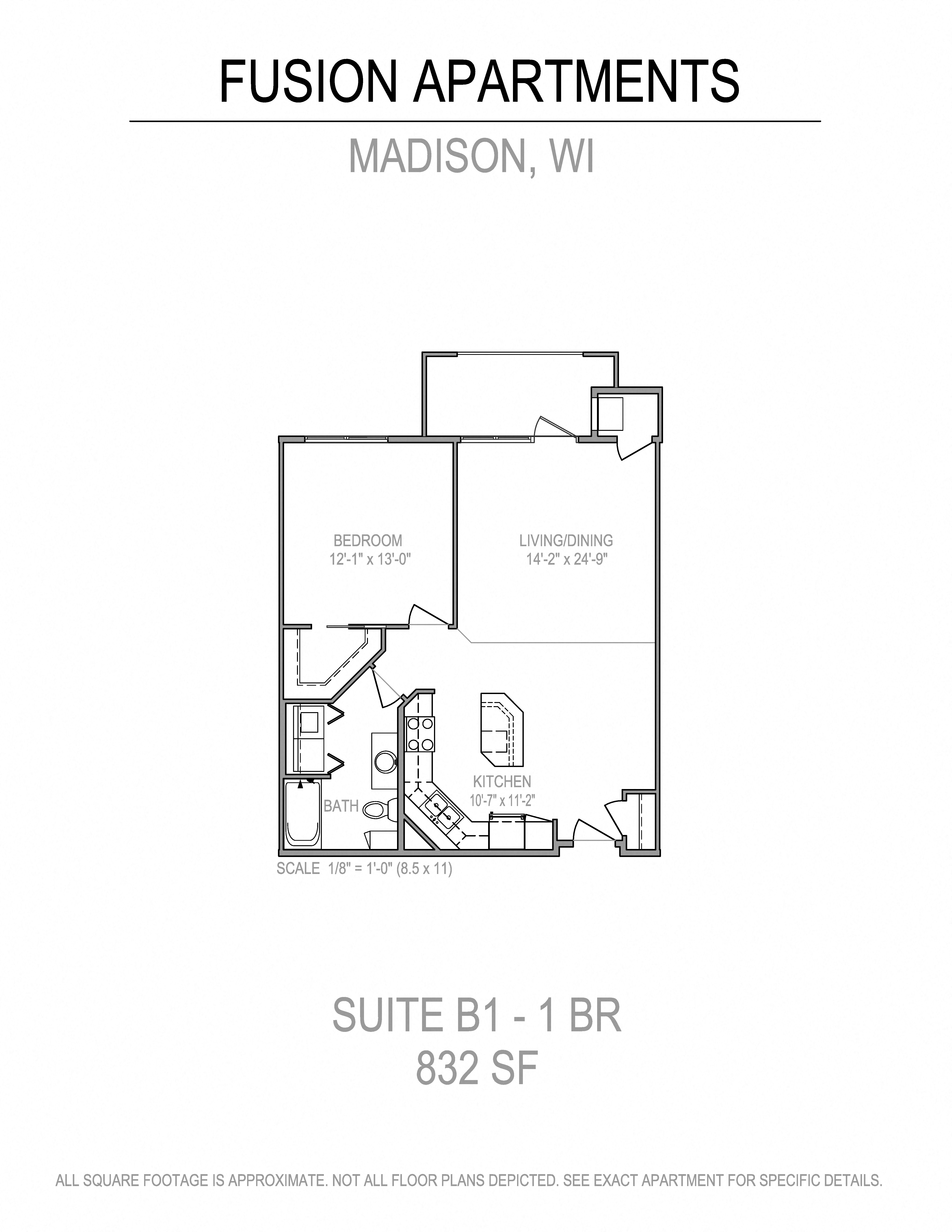 Floor plan for 1 bed, 1 bath, 832 sqft