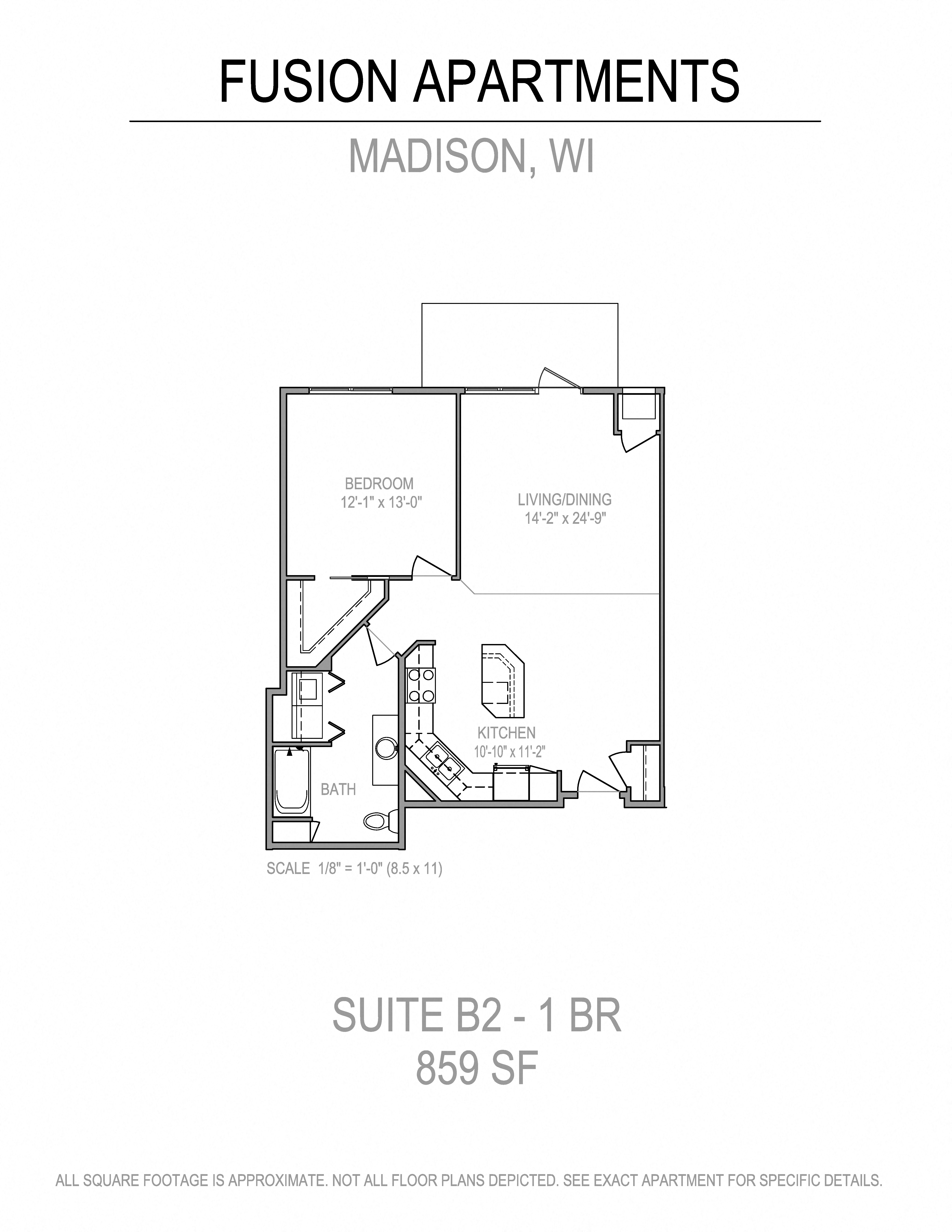 Floor plan for 1 bed, 1 bath, 861 sqft