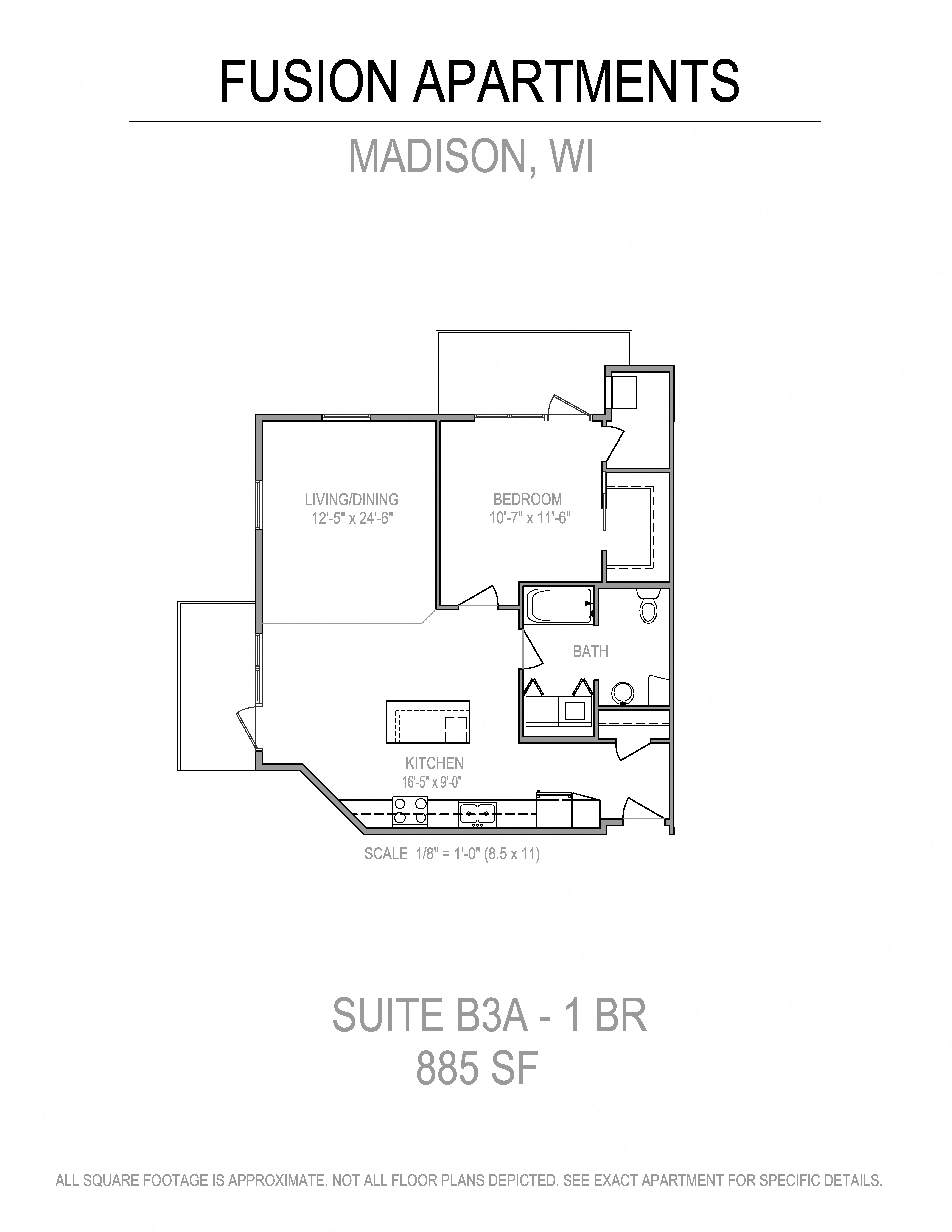Floor plan for 1 bed, 1 bath, 884 sqft