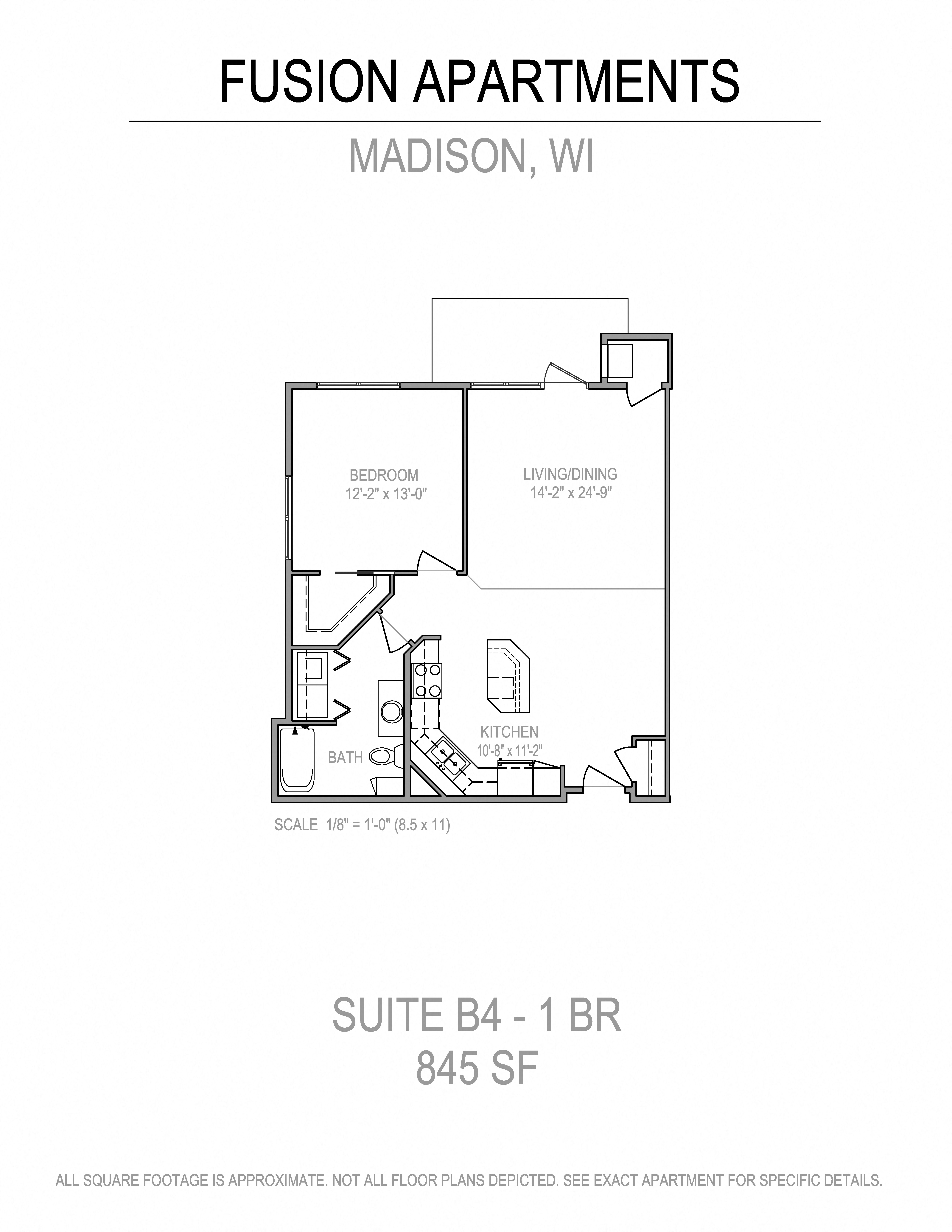 Floor plan for 1 bed, 1 bath, 844 sqft
