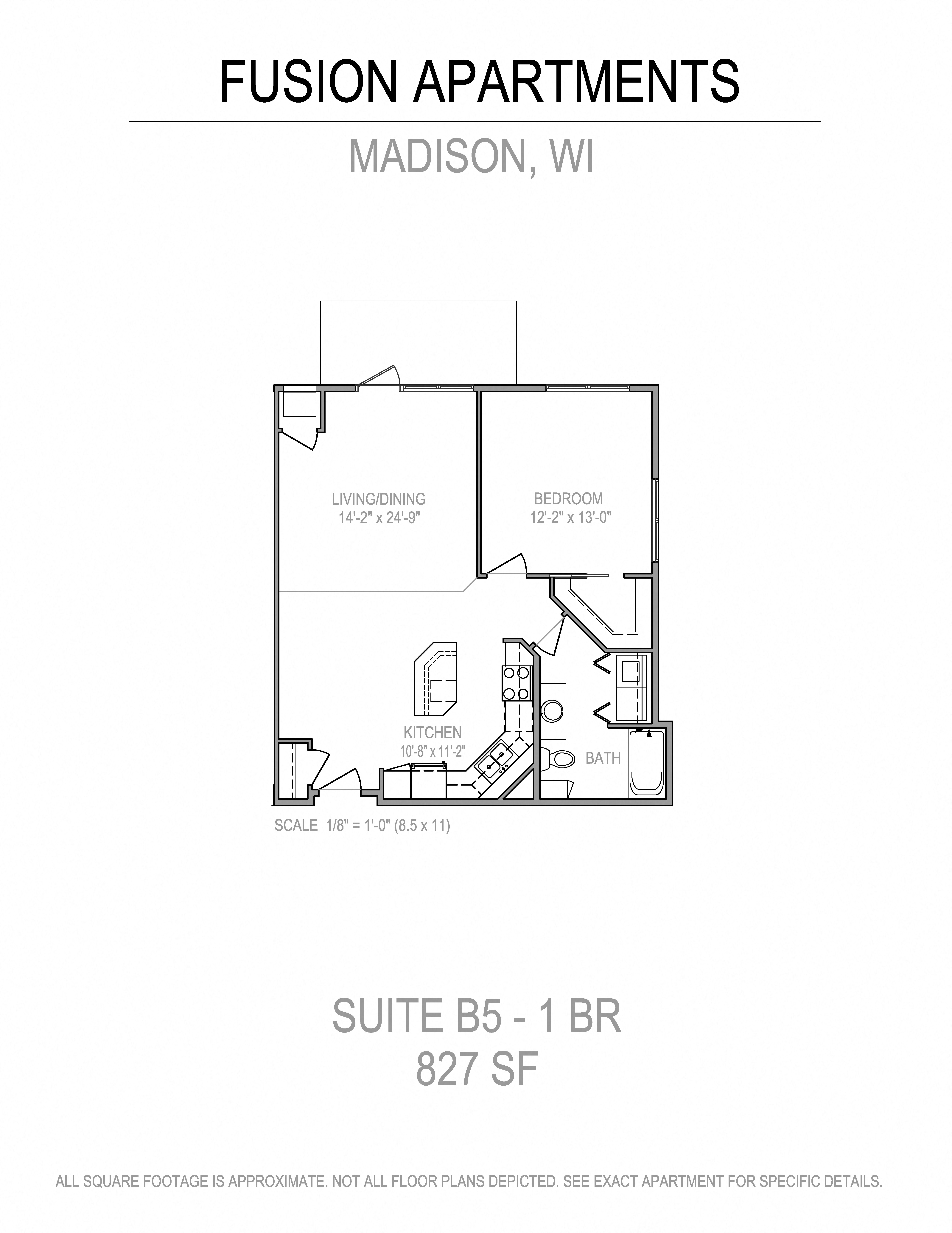 Floor plan for 1 bed, 1 bath, 829 sqft