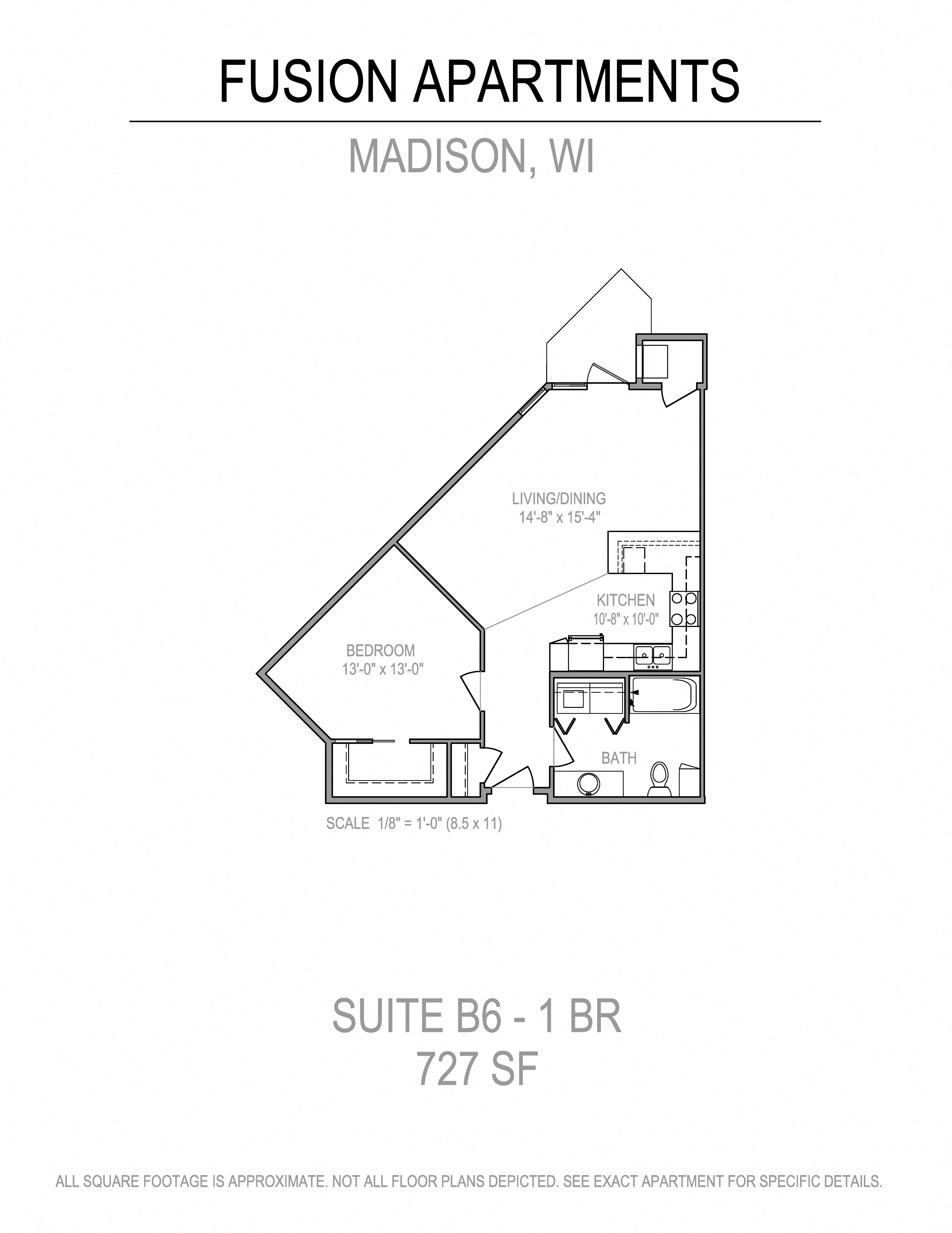 Floor plan for 1 bed, 1 bath, 727 sqft
