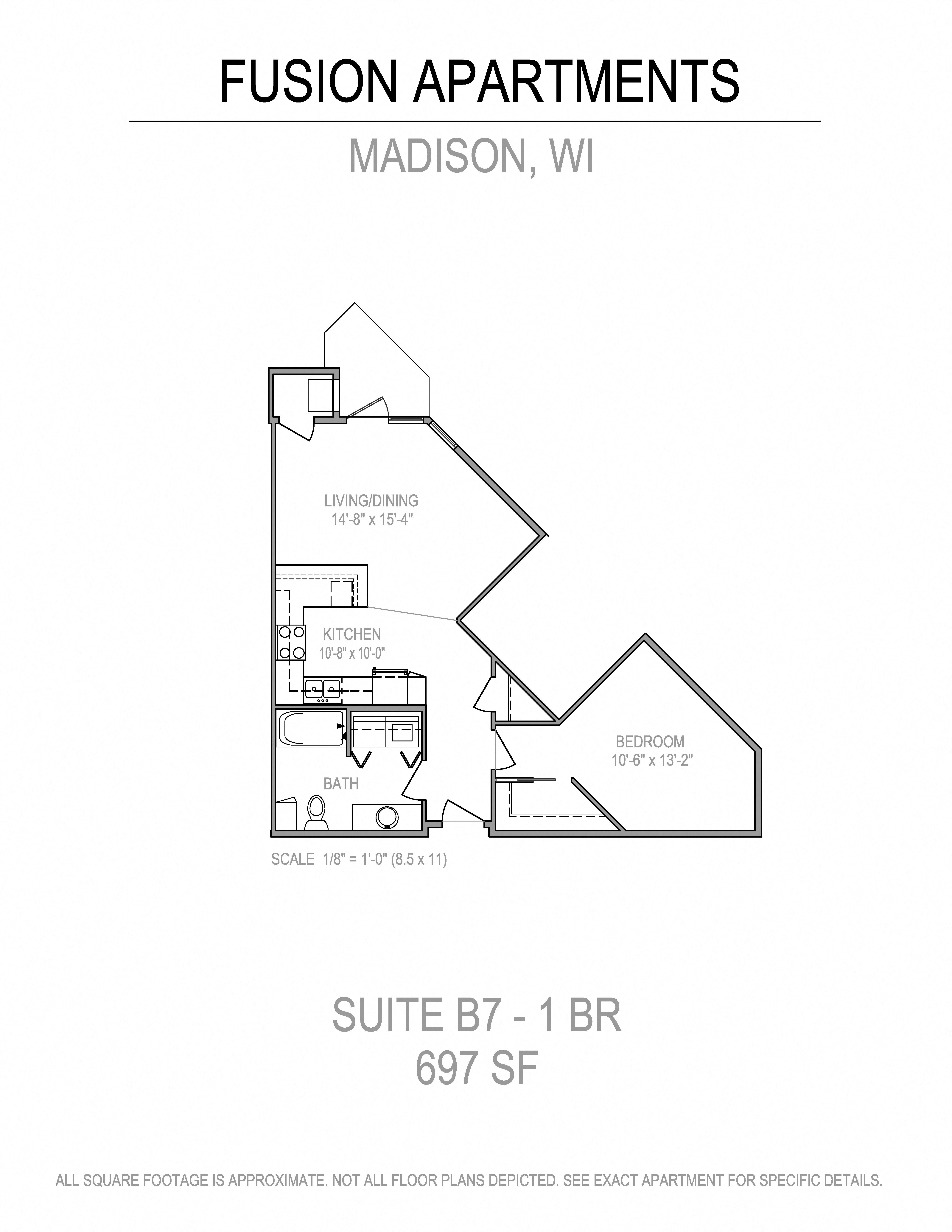 Floor plan for 1 bed, 1 bath, 697 sqft