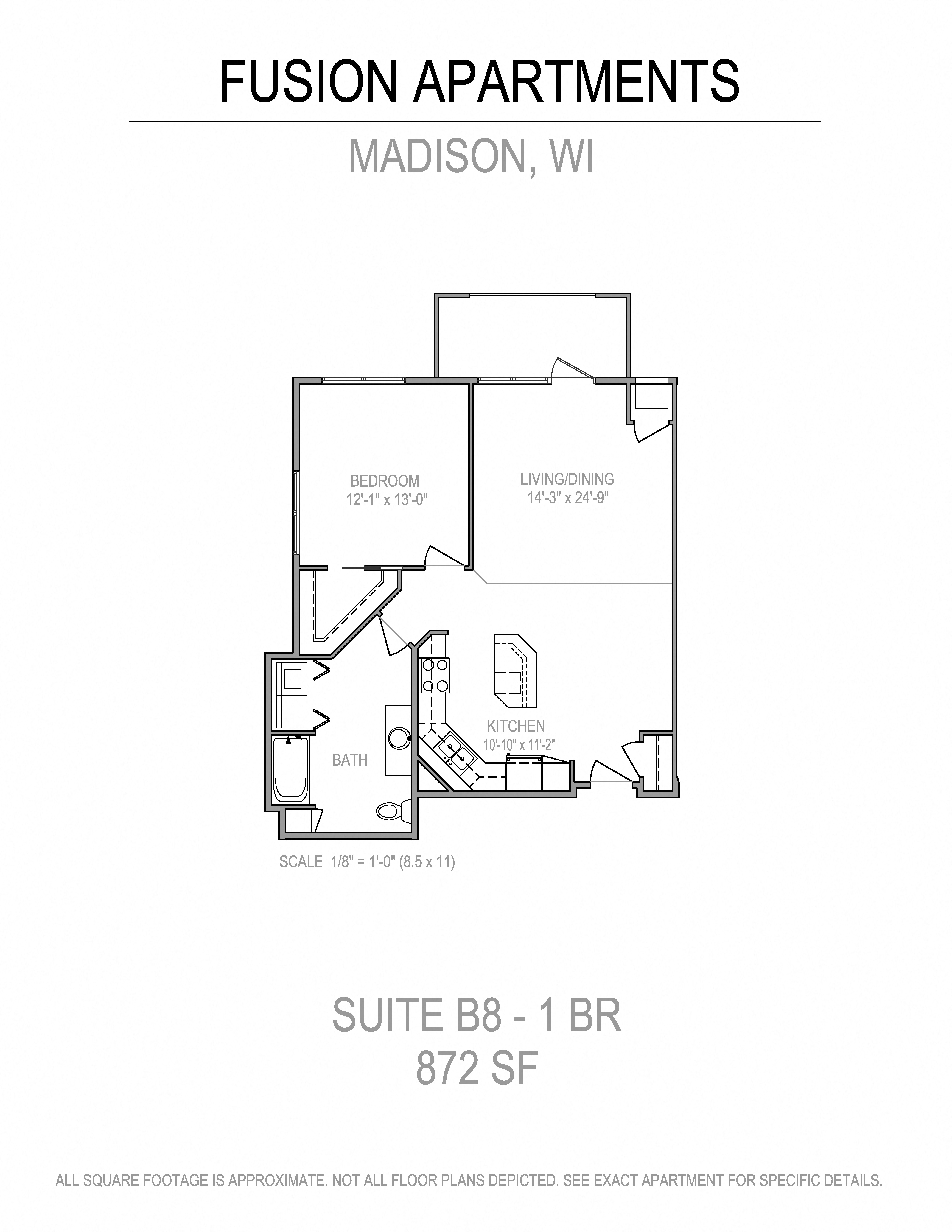 Floor plan for 1 bed, 1 bath, 874 sqft