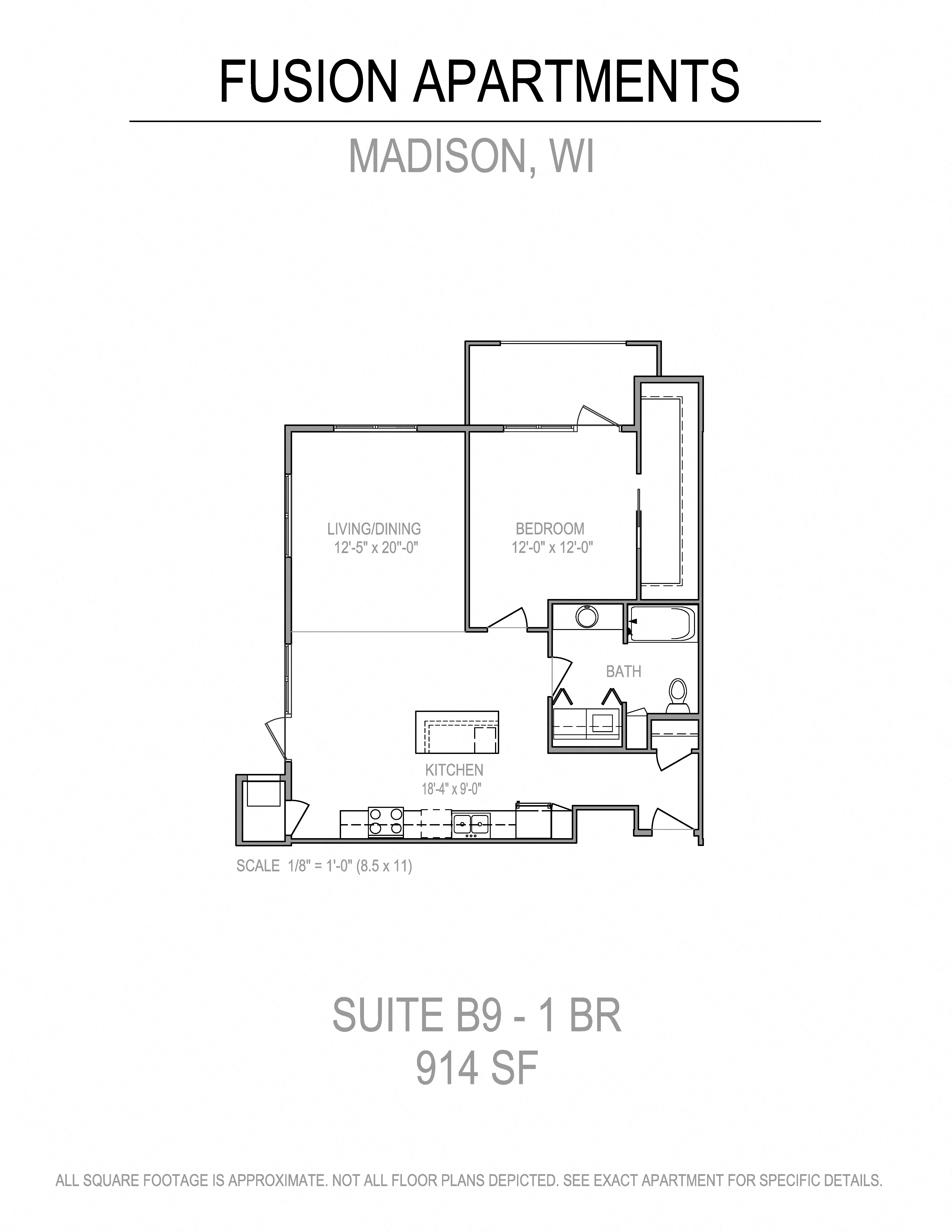 Floor plan for 1 bed, 1 bath, 914 sqft