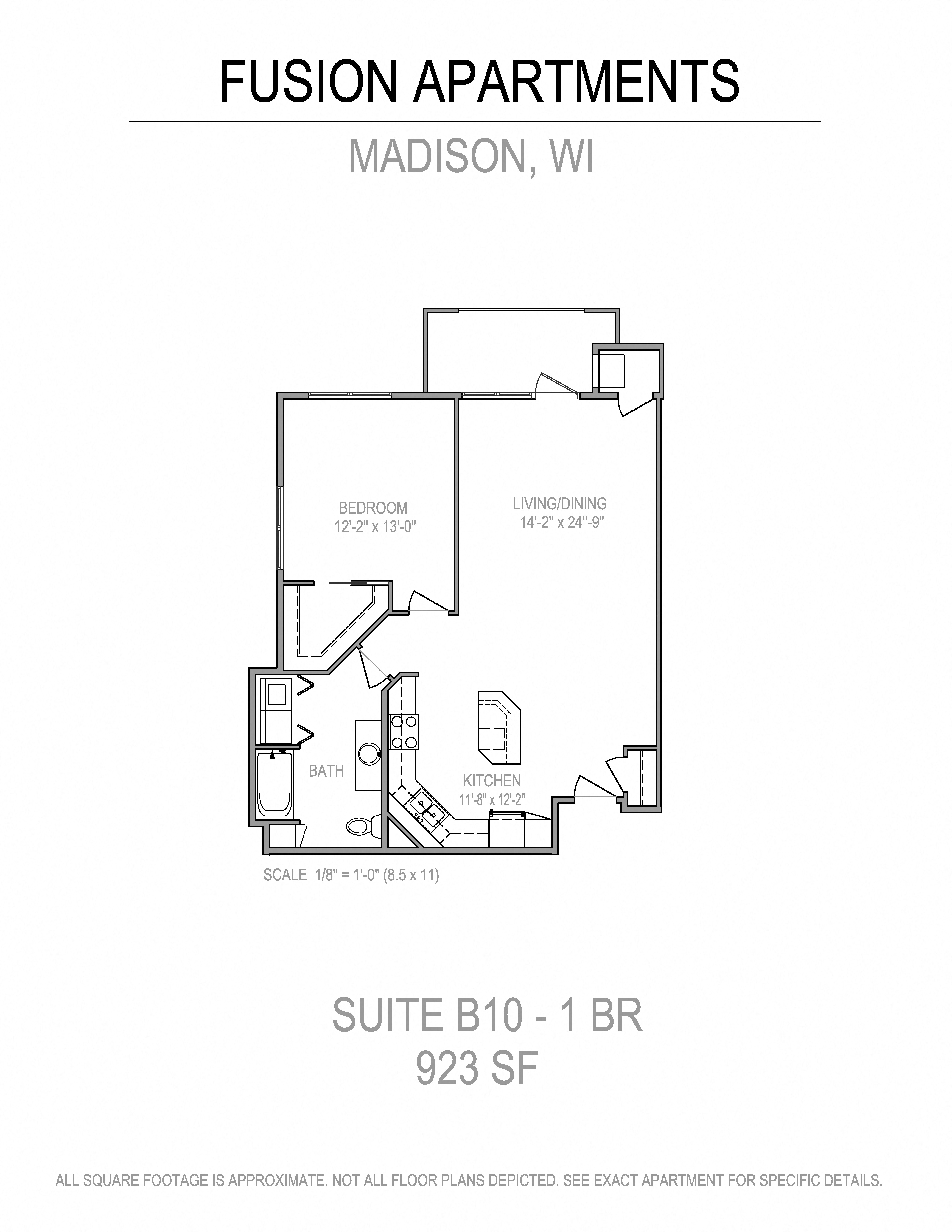 Floor plan for 1 bed, 1 bath, 923 sqft