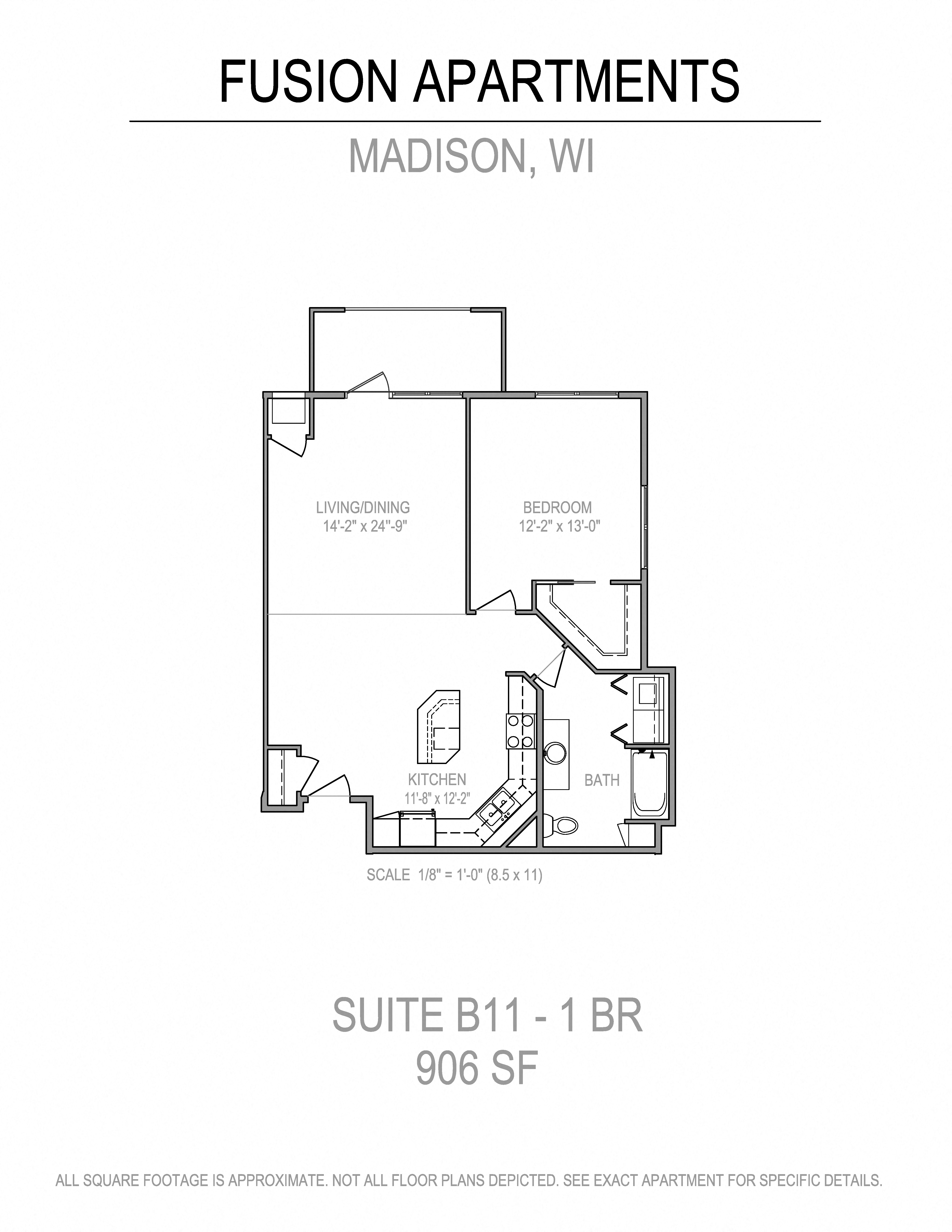 Floor plan for 1 bed, 1 bath, 844 sqft