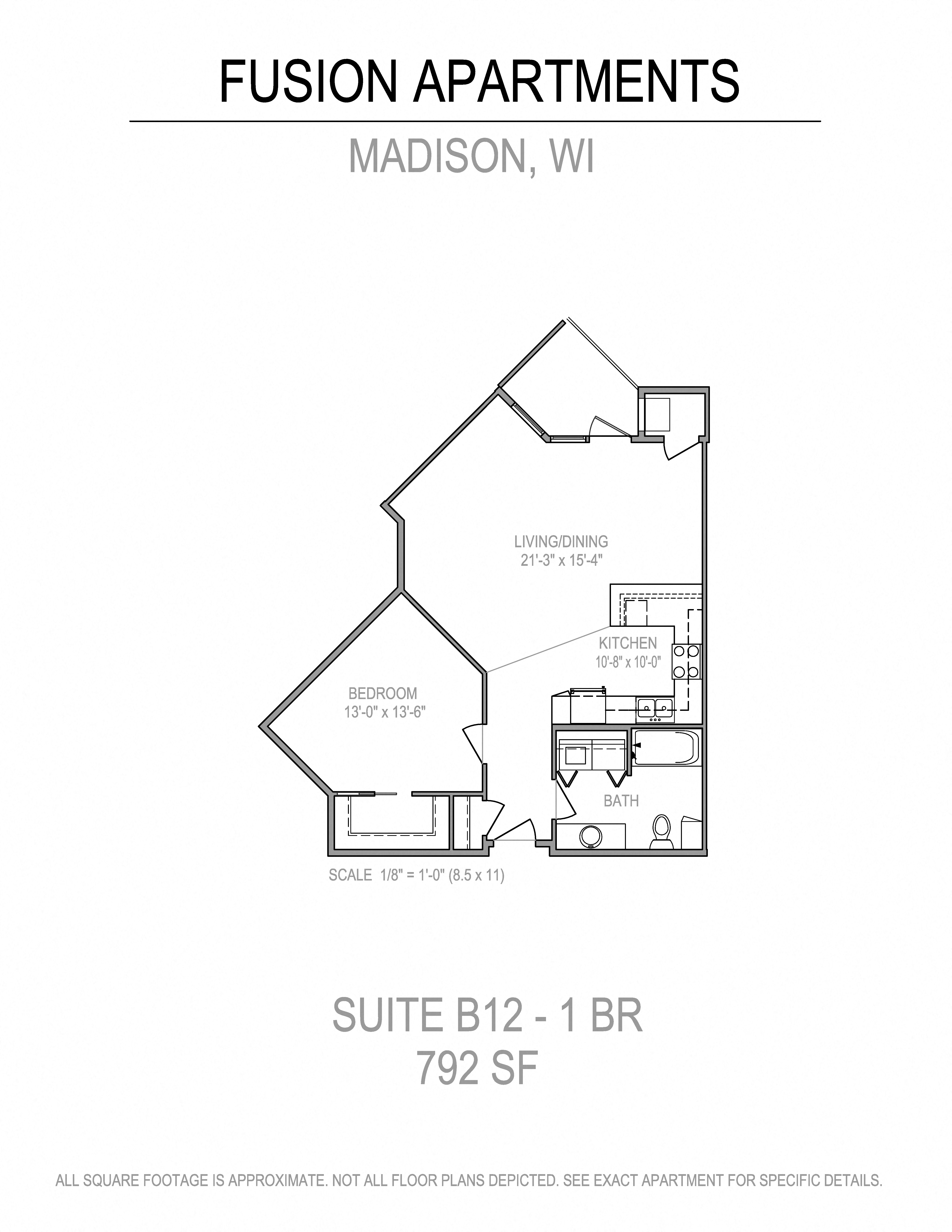 Floor plan for 1 bed, 1 bath, 787 sqft