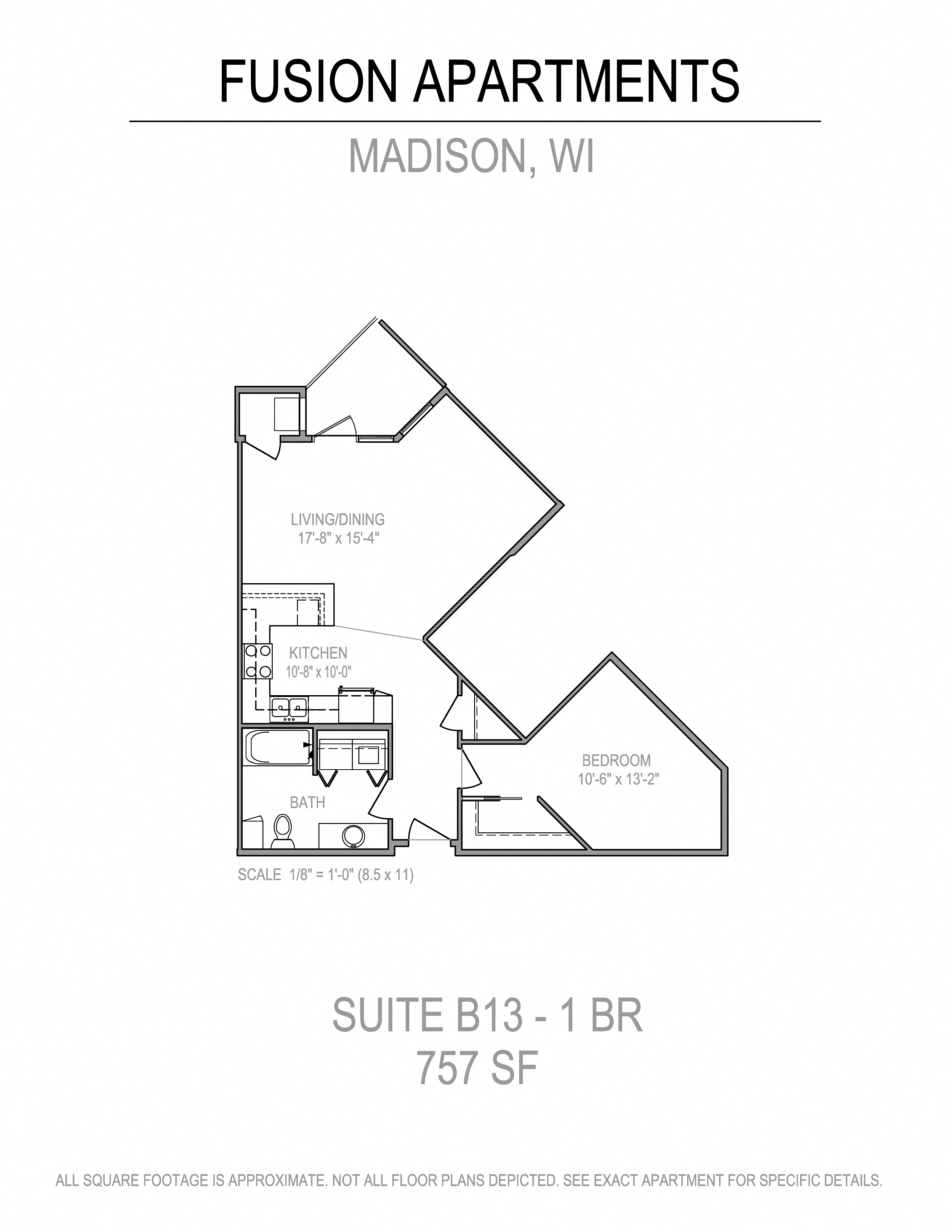 Floor plan for 1 bed, 1 bath, 757 sqft