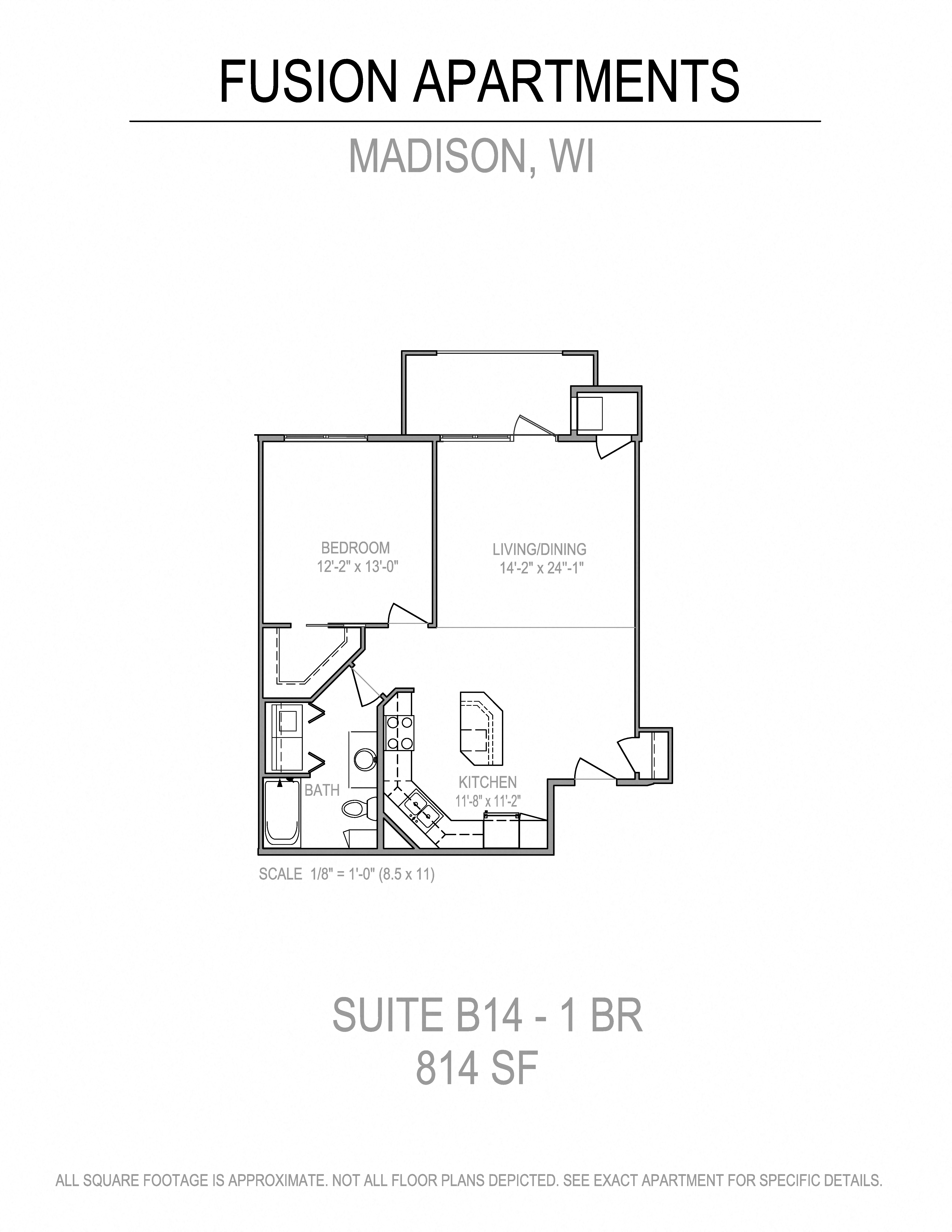 Floor plan for 1 bed, 1 bath, 814 sqft