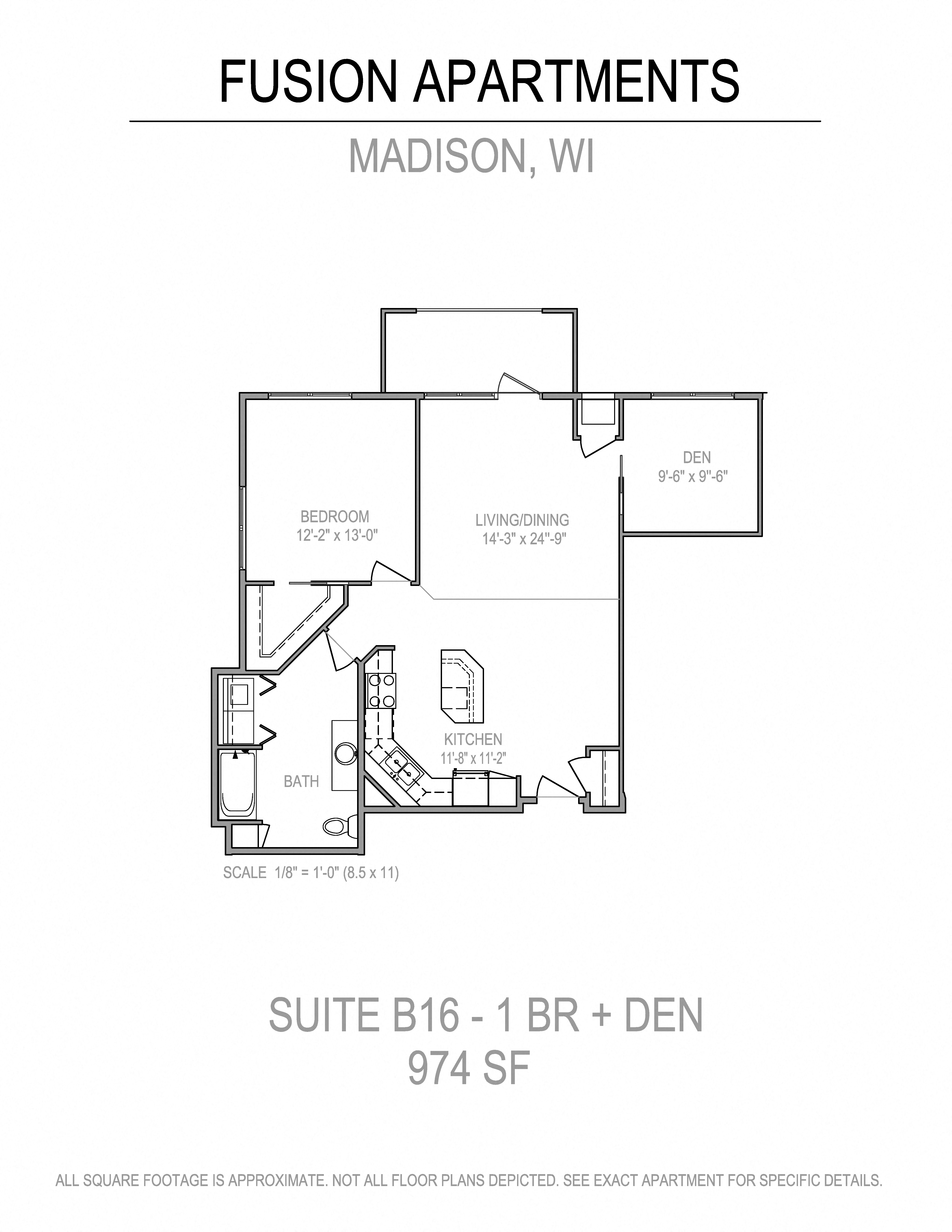 Floor plan for 1 bed, 1 bath, 978 sqft