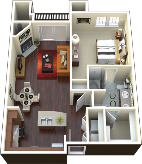 Floor plan for 1 bed, 1 bath, 770 sqft