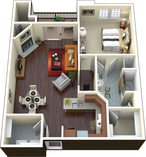 Floor plan for 1 bed, 1 bath, 891 sqft