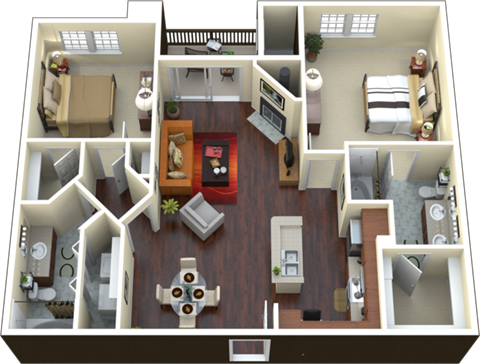 Floor plan for 2 beds, 2 baths, 1117 sqft