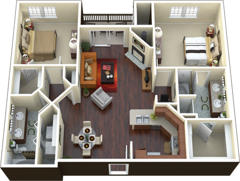Floor plan for 2 beds, 2 baths, 1200 sqft
